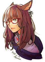 Rule 34 | 10s, 1girl, 2015, animal ears, brown hair, cat ears, dated, earrings, final fantasy, final fantasy xiv, glasses, jewelry, lips, miqo&#039;te, red-framed eyewear, retsuna, signature, sketch, smile, solo, upper body, warrior of light (ff14), white background, yellow eyes