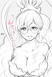 Rule 34 | 1girl, bikini, blush, breasts, cleavage, earrings, glasses, highres, jewelry, looking at viewer, monochrome, one piece, shirahoshi, solo, swimsuit