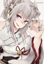 Rule 34 | 1girl, animal ear fluff, animal ears, breasts, claw pose, collarbone, from above, fur trim, green nails, grey eyes, grey hair, hololive, japanese clothes, lion ears, lion girl, looking to the side, medium breasts, nail polish, safai, shishiro botan, shishiro botan (new year), solo, virtual youtuber, white background