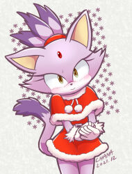 Rule 34 | 1girl, animal ears, blaze the cat, blush, cat ears, cat girl, cat tail, chana (furrytails), dress, eyelashes, forehead jewel, fur-trimmed gloves, fur trim, furry, furry female, gloves, highres, looking at viewer, own hands together, ponytail, purple fur, santa dress, snowflake background, sonic (series), tail, yellow eyes