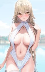Rule 34 | 1girl, blonde hair, blush, breasts, closed mouth, day, groin, hand up, highres, jewelry, kanzarin, large breasts, long hair, navel, nijisanji, nui sociere, one-piece swimsuit, outdoors, pendant, sky, slingshot swimsuit, solo, stomach, swimsuit, thighs, very long hair, virtual youtuber, water, wet, wet hair, white one-piece swimsuit, yellow eyes