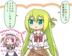 Rule 34 | 1girl, ;p, alina gray, apron, blonde hair, blush, bow, bowtie, green eyes, green hair, hair between eyes, hair ornament, long hair, looking to the side, loose bowtie, magia record: mahou shoujo madoka magica gaiden, mahou shoujo madoka magica, maid, maid headdress, misono karin, multicolored hair, one eye closed, open mouth, plaid, plaid skirt, reverse (bluefencer), sakae general school uniform, school uniform, shirt, side-tie shirt, sidelocks, single hair ring, skirt, sleeves rolled up, solo, speech bubble, straight hair, streaked hair, thought bubble, tongue, tongue out, translated