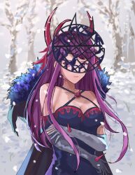 Rule 34 | 1girl, bare shoulders, breasts, cleavage, closed mouth, dress, elbow gloves, fascinator, fire emblem, fire emblem engage, fur trim, furokami, gloves, hair ornament, highres, ivy (fire emblem), long hair, medium breasts, nintendo, purple eyes, purple hair, snow, snowing, solo, white gloves