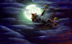 Rule 34 | artist request, cloud, flying, full moon, jolly roger, moon, night, night sky, no humans, one piece, sail, scenery, ship, sky, thousand sunny, watercraft