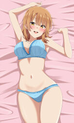 Rule 34 | 1girl, arms up, bed sheet, blonde hair, blue bra, blue panties, blush, bra, breasts, cowboy shot, dars (recolors), from above, gluteal fold, highres, isshiki iroha, looking at viewer, lying, medium breasts, medium hair, navel, on back, open mouth, panties, smile, solo, thighs, underwear, underwear only, yahari ore no seishun lovecome wa machigatteiru., yellow eyes
