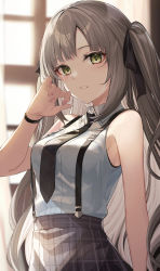 Rule 34 | 1girl, absurdres, bare shoulders, breasts, collared shirt, green eyes, grey hair, hair ribbon, hand up, high-waist skirt, highres, indoors, long hair, looking at viewer, medium breasts, necktie, original, parted lips, plaid, plaid skirt, ribbon, shirt, shirt tucked in, skirt, sleeveless, sleeveless shirt, solo, suspenders, takehana note, tears, two side up, upper body, very long hair, white shirt, wristband