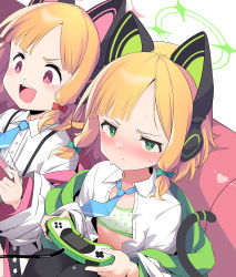 Rule 34 | 2girls, absurdres, animal ear headphones, animal ears, artworks/92035933, black legwear, blonde hair, blue archive, blue neckwear, blunt bangs, blush, bow, bra, cat ear headphones, closed mouth, controller, couch, dress shirt, fake animal ears, flat chest, game controller, green bow, green bra, green eyes, hair bow, halo, headphones, highres, holding, holding controller, holding game controller, jacket, kandori, midori (blue archive), momoi (blue archive), multiple girls, necktie, open clothes, open mouth, open shirt, playing games, red bow, red eyes, school uniform, shirt, short hair, siblings, sisters, sitting, sweat, tail, twins, underwear, v-shaped eyebrows