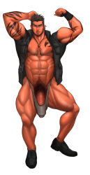 Rule 34 | 10s, 1boy, abs, bara, body hair, brown hair, bulge, censored, erection, erection under clothes, final fantasy, final fantasy xv, gladiolus amicitia, highres, huge penis, male focus, muscular, pectorals, penis, red eyes, scar, solo, tattoo, testicles, underwear, undressing, yaoi, yuatari