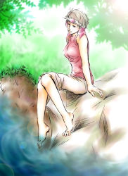 Rule 34 | 1girl, barefoot, breasts, brown hair, circlet, cleo, cleo (suikoden), feet, forest, gensou suikoden, gensou suikoden i, grass, lake, large breasts, nature, outdoors, river, short hair, sketch, smile, solo, spread toes, tank top, toes, water