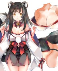 Rule 34 | 1girl, animal ear fluff, animal ears, arms up, ass, azur lane, bad id, bad pixiv id, bare shoulders, black hair, black skirt, blush, breasts, cleavage, hair between eyes, hair ornament, highres, japanese clothes, kimono, large breasts, long hair, long sleeves, long tail, looking at viewer, looking back, multiple views, naganami (azur lane), neck bell, off shoulder, open mouth, shibaebi (yasaip game), simple background, skirt, skunk ears, skunk tail, tail, white background, white kimono, wide sleeves, yellow eyes