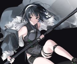 Rule 34 | absurdres, arknights, black background, black eyes, black footwear, black hair, black shirt, black shorts, commentary, feet out of frame, fur-trimmed jacket, fur trim, hair ornament, hairband, hairclip, highres, holding, holding polearm, holding spear, holding weapon, jacket, la pluma (arknights), looking at viewer, off shoulder, polearm, ryat, shirt, short hair, shorts, simple background, sketch, solo, spear, thigh strap, weapon, white hairband