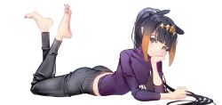 Rule 34 | 1girl, alternate costume, arm support, ass, barefoot, black hair, black pants, blue eyes, blunt bangs, breasts, extra ears, eyelashes, feet, feet up, gradient hair, head rest, head tilt, hololive, hololive english, legs, long hair, looking at viewer, lying, multicolored hair, nail polish, ninomae ina&#039;nis, on stomach, orange hair, pants, pointy ears, purple shirt, ribbed shirt, shirt, sidelocks, small breasts, smile, soles, solo, sydus, tentacle hair, the pose, toenail polish, toenails, toes, virtual youtuber, white background