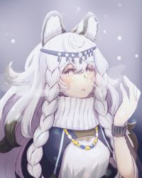 Rule 34 | 1girl, animal ear fluff, animal ears, arknights, bead necklace, beads, black capelet, bokiboki333, braid, capelet, grey eyes, highres, jewelry, leopard ears, leopard girl, long hair, necklace, open mouth, pramanix (arknights), side braids, solo, upper body, white hair