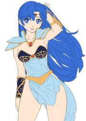 Rule 34 | 1girl, :d, alternate costume, arm guards, arm up, armor, armored dress, armpits, asou yuuko, bare legs, bikini armor, blue eyes, blue hair, blush, bracelet, breasts, cleavage, contrapposto, cowboy shot, dress, female focus, flat color, gauntlets, gem, jewelry, leaning to the side, legs, legs apart, long hair, looking at viewer, matching hair/eyes, midriff, mugen senshi valis, mugen senshi valis ii, neck, no bra, open mouth, parted bangs, pauldrons, pelvic curtain, red gemstone, revealing clothes, shoulder armor, simple background, smile, solo, standing, telenet japan, tiara, uchiu kazuma, valis, valis ii, very long hair, white background