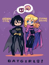 Rule 34 | 2girls, absurdres, batgirl, batman (series), belt, black hair, blonde hair, blue eyes, bodysuit, boots, breasts, cape, cassandra cain, character name, closed mouth, commentary, dc comics, english commentary, full body, gloves, hand on own hip, highres, long hair, mask, medium breasts, multiple girls, purple background, rariatto (ganguri), short hair, smile, standing, stephanie brown, superhero costume, utility belt