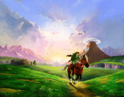Rule 34 | 1boy, absurdres, blonde hair, castle, epona, fairy, flower, gloves, hat, highres, horse, hylian shield, link, male focus, navi, nintendo, official art, official wallpaper, pointy ears, scenery, shield, shield on back, smile, star (sky), straddling, sword, the legend of zelda, the legend of zelda: ocarina of time, tunic, volcano, weapon