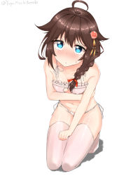 Rule 34 | 10s, 1girl, alternate costume, bad id, bad pixiv id, bare shoulders, blue eyes, bra, braid, breast hold, breasts, brown hair, cat cutout, cat ear panties, cat lingerie, cleavage cutout, clothing cutout, collarbone, covering privates, covering crotch, embarrassed, from above, full body, hair flaps, hair over shoulder, kantai collection, meme attire, mochi chuuyuu, navel, panties, seiza, shigure (kancolle), shigure kai ni (kancolle), side-tie panties, simple background, single braid, sitting, small breasts, solo, stomach, sweatdrop, thighhighs, twitter username, underwear, underwear only, white background, white bra, white panties, white thighhighs