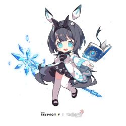Rule 34 | 1girl, absurdres, bare shoulders, black hair, black ribbon, blue eyes, book, chibi, djmax, dress, floating headgear, hair between eyes, hair ornament, headgear, highres, holding, holding staff, lena (djmax), mamo c, maplestory, non-web source, open book, open mouth, puffy sleeves, ribbon, sleeves past wrists, smile, source request, staff