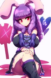 Rule 34 | 10s, 1girl, animal ears, blush, breast suppress, breasts, chuchu (show by rock!!), cleavage, crossed legs, dress, huge breasts, kneehighs, purple hair, rabbit ears, red eyes, ringlets, show by rock!!, simple background, sitting, smile, socks, solo, tokyo (great akuta), v arms