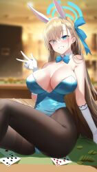 Rule 34 | 1girl, absurdres, ace (playing card), ace of diamonds, asuna (blue archive), asuna (bunny) (blue archive), black pantyhose, blonde hair, blue archive, blue bow, blue bowtie, blue leotard, blurry, blurry background, blush, bow, bowtie, breasts, card, cleavage, detached collar, diamond (shape), elbow gloves, gloves, halo, hand up, highleg, highleg leotard, highres, large breasts, leotard, long hair, md5 mismatch, pantyhose, parted lips, playboy bunny, playing card, resolution mismatch, sitting, smile, solo, source smaller, teeth, thighs, v, white gloves, yampa
