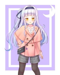 Rule 34 | 1girl, alternate costume, alternate hairstyle, bag, blunt bangs, blush, casual, collarbone, hair ornament, handbag, headband, highres, hololive, jacket, long hair, looking at viewer, murasaki shion, open mouth, pantyhose, shorts, side ponytail, silver hair, simple background, solo, standing, village cat, virtual youtuber