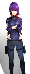 Rule 34 | 1girl, absurdres, black gloves, breasts, closed mouth, crossed arms, ghost in the shell, ghost in the shell: sac 2045, gloves, grey pants, highres, ibaraki shun, jacket, kusanagi motoko, leotard, long sleeves, looking at viewer, medium breasts, open clothes, open jacket, pants, purple eyes, purple hair, purple jacket, purple leotard, short hair, solo, standing, white background