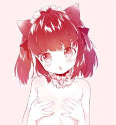 Rule 34 | 1girl, :o, animal ears, bare shoulders, bell, blush, cat ears, collar, commentary request, covering privates, covering breasts, flat chest, frilled collar, frilled hairband, frills, hair ribbon, hairband, jingle bell, looking at viewer, maid headdress, medium hair, monochrome, mutou mato, neck bell, open mouth, original, ribbon, simple background, solo, two side up, upper body