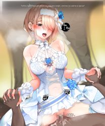 Rule 34 | 1girl, :p, alternate costume, bad id, bad pixiv id, bar censor, blush, breasts, bridal veil, bride, censored, dark-skinned male, dark skin, dress, earrings, english text, eyelashes, eyes visible through hair, flower, gimnang, glint, gloves, hair flower, hair ornament, hair over one eye, hetero, highres, honkai (series), honkai impact 3rd, jewelry, large breasts, lips, mole, mole under eye, nose, nude, open mouth, penis, penis to breast, petals, red eyes, rita rossweisse, rita rossweisse (artemis), rita rossweisse (vow of roses), sex, short hair, smile, solo focus, sound effects, sweat, sweatdrop, tongue, tongue out, veil, wedding dress, white dress, white gloves, wrist cuffs