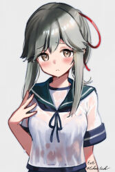 Rule 34 | 1girl, artist name, blue sailor collar, bra visible through clothes, brown eyes, commentary request, eckert&amp;eich, grey background, grey hair, hair ribbon, highres, kantai collection, looking at viewer, medium hair, ponytail, red ribbon, ribbon, sailor collar, school uniform, serafuku, sidelocks, solo, twitter username, upper body, usugumo (kancolle), wet, wet clothes
