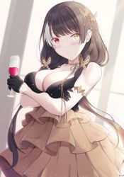 Rule 34 | 1girl, black gloves, black hair, breasts, commission, cup, dress, drinking glass, girls&#039; frontline, gloves, heterochromia, highres, holding, holding cup, keenh, large breasts, long hair, low twintails, multicolored hair, red eyes, ro635 (girls&#039; frontline), sleeveless, sleeveless dress, solo, streaked hair, twintails, very long hair, white hair, yellow eyes