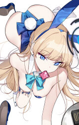 Rule 34 | 1girl, all fours, animal ears, ass, blonde hair, blue archive, blue bow, blue bowtie, blue eyes, blue footwear, blue leotard, bow, bowtie, braid, breasts, condom, condom in mouth, condom wrapper, detached collar, fake animal ears, fake tail, halo, high heels, highres, leotard, long hair, looking at viewer, medium breasts, mouth hold, nakamura rohane, nipple slip, nipples, playboy bunny, rabbit ears, rabbit tail, shoes, unworn shoes, solo, straight hair, tail, toki (blue archive), toki (bunny) (blue archive), white background, wrist cuffs