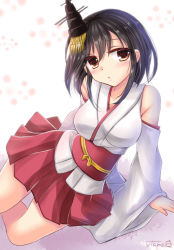Rule 34 | 10s, 1girl, ^ ^, ^o^, bare shoulders, black hair, breasts, closed eyes, commentary request, detached sleeves, eyebrows, closed eyes, hair ornament, japanese clothes, jewelry, kantai collection, large breasts, long sleeves, nontraditional miko, pleated skirt, ring, short hair, skirt, solo, tamagawa yukimaru, twitter username, yamashiro (kancolle)