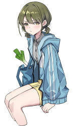 Rule 34 | 1girl, absurdres, blue jacket, blush, cropped legs, green eyes, highres, hood, hooded jacket, idolmaster, idolmaster shiny colors, invisible chair, jacket, looking at viewer, nanakusa nichika, pout, simple background, sitting, skirt, solo, spring onion, tamago (eva1314056), twintails, v-shaped eyebrows, white background, yellow skirt, zipper skirt