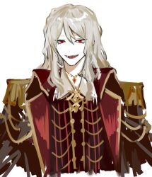 1boy armor coat collared_shirt gold_trim jewelry la_manchaland&#039;s_don_quixote_(project_moon) limbus_company long_hair long_sleeves necklace nishikujic open_mouth pauldrons project_moon red_coat red_eyes red_vest shirt shoulder_armor sidelocks simple_background smile solo vest white_background white_hair white_shirt