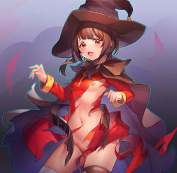 Rule 34 | 1girl, absurdres, alternate headwear, bandaged leg, bandages, black thighhighs, blush, breasts, brown cape, brown hair, cape, commentary request, dress, fang, groin, hat, highres, kono subarashii sekai ni shukufuku wo!, long sleeves, looking at viewer, megumin, navel, nipples, no bra, no panties, okitanation, open mouth, pussy, red dress, red eyes, short hair, short hair with long locks, sidelocks, skin fang, small breasts, solo, thighhighs, torn belt, torn cape, torn clothes, torn dress, witch hat