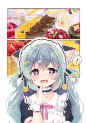 Rule 34 | 1girl, absurdres, animal ears, artbook, bell, cake, candy, cat ears, drooling, food, green hair, hair ornament, hair ribbon, hairpin, highres, inal, licking, licking finger, lollipop, long hair, maid, maid headdress, momoirone, neck bell, non-web source, purple eyes, ribbon, striped ribbon, thighhighs, twintails