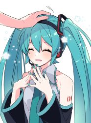 Rule 34 | 1girl, 1other, aqua hair, aqua nails, aqua necktie, armpit crease, bare shoulders, closed eyes, collared shirt, detached sleeves, dot nose, eyelashes, facing viewer, fingernails, fingers together, flat chest, flower, grey shirt, hair between eyes, hands up, happy, hatsune miku, headpat, headset, laughing, light blush, light particles, long hair, motion lines, nail polish, necktie, parted lips, shade, shirt, shoulder tattoo, simple background, sleeveless, sleeveless shirt, solo focus, tattoo, twintails, upper body, very long hair, vocaloid, white background, yoshiki