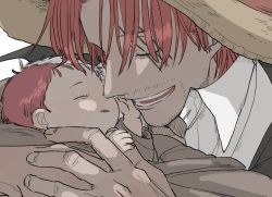 Rule 34 | 1boy, 1girl, age difference, aged down, artist request, baby, carrying, child, closed eyes, facial hair, father and daughter, hat, hug, long hair, long sleeves, multicolored hair, one piece, one piece film: red, red hair, scar, scar across eye, shanks (one piece), shirt, size difference, straw hat, two-tone hair, uta (one piece), very long hair, white background, white hair, white shirt
