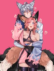 Rule 34 | 1boy, 1girl, ahoge, animal ears, breasts, chest tattoo, choker, cleavage, commentary, couple, docc woody, dress, english commentary, facial hair, fox boy, fox ears, fox girl, fox tail, grey hair, happy, heart, heart ahoge, heart o-ring, hetero, heterochromia, highres, indie virtual youtuber, itspichupanda, japanese clothes, kimono, large breasts, long sleeves, looking at viewer, looking up, mustache, o-ring, o-ring choker, open clothes, open mouth, pink background, pink eyes, pink hair, red eyes, second-party source, shiny clothes, shiny skin, short hair, short kimono, skindentation, smile, standing, tail, tattoo, thighhighs, upper body, virtual youtuber, wide sleeves, yellow eyes