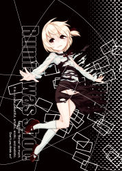 Rule 34 | 1girl, absurdres, asymmetrical hair, black background, black dress, blonde hair, blush, boroe, character name, dress, full body, groin, highres, kneehighs, lispict, looking back, mary janes, no panties, outstretched arm, red eyes, red footwear, rumia, shirt, shoes, short hair, side ponytail, simple background, socks, solo, torn clothes, torn dress, touhou, walking, white socks, white shirt