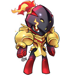 Rule 34 | absurdres, armarouge, armor, artist logo, chibi, colored skin, creatures (company), cwdw, fiery hair, game freak, glowing, glowing eyes, gold armor, gold helmet, helmet, highres, looking at viewer, nintendo, no humans, pokemon, pokemon (creature), red eyes, red skin, shoulder armor, simple background, solo, white background