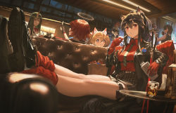 Rule 34 | absurdres, alcohol, animal ears, arknights, bar (place), black jacket, black shorts, blouse, blue hair, ch&#039;en (arknights), croissant (arknights), cup, dragon horns, drinking glass, exusiai (arknights), food, gloves, halo, highres, horns, hoshiguma (arknights), huge filesize, jacket, liquor, multiple girls, official alternate costume, pocky, red eyes, red gloves, red hair, red shirt, shirt, short hair, shorts, skin-covered horns, sora (arknights), striped clothes, striped shorts, texas (arknights), texas (willpower) (arknights), ttk (kirinottk), vertical-striped clothes, vertical-striped shorts, wolf ears, wolf girl