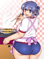 Rule 34 | 1girl, :d, apron, ass, blue eyes, blue hair, blush, breasts, buruma, chopsticks, cooking, fat, fat step-sister (orizen), female focus, fish, from behind, grilling, gym uniform, half updo, highres, huge ass, looking at viewer, matching hair/eyes, mature female, medium breasts, open mouth, original, orizen, pink apron, plump, school swimsuit, short hair, smile, solo, stove, swimsuit, thick thighs, thighs