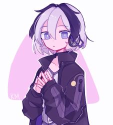 Rule 34 | 1girl, artist name, black choker, black hair, black jacket, cevio, choker, ci flower, commentary, english commentary, flower (vocaloid), grey hair, hair between eyes, headset, highres, jacket, km (kattomikm), long sleeves, looking at viewer, nail polish, parted lips, purple eyes, purple nails, short hair, simple background, solo, steepled fingers, vocaloid, white background