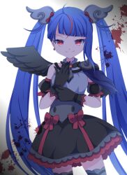 Rule 34 | 1girl, absurdres, armor, black dress, black gloves, black wings, blue eyes, blue hair, brooch, closed mouth, commentary, cowboy shot, cure sky, cut bangs, cure sky (dark), dark persona, detached sleeves, dress, earrings, feathered wings, fingerless gloves, frilled dress, frills, gloves, grey thighhighs, highres, hirogaru sky! precure, jewelry, long hair, looking at viewer, magical girl, multicolored hair, pauldrons, precure, puffy detached sleeves, puffy sleeves, red eyes, red hair, short dress, shoulder armor, single pauldron, single sidelock, single wing, sleeveless, sleeveless dress, smile, solo, sora harewataru, spiked pauldrons, standing, streaked hair, thighhighs, twintails, una-mikanbo, very long hair, wing brooch, wing hair ornament, wings