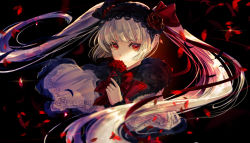 Rule 34 | 1girl, arcaea, black hairband, bow, capelet, character request, closed mouth, commentary request, eyebrows hidden by hair, floating hair, flower, fur-trimmed capelet, fur-trimmed sleeves, fur trim, hair bow, hairband, highres, holding, holding flower, long hair, long sleeves, looking at viewer, petals, red bow, red eyes, red flower, red rose, rose, sanamisa, silver hair, sleeves past wrists, solo, striped, striped bow, twintails, upper body, very long hair, white capelet