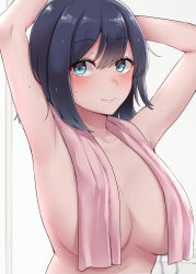 Rule 34 | 1girl, absurdres, arms behind head, blue hair, blush, breasts, closed mouth, collarbone, covered erect nipples, hair down, highres, kantai collection, kiritto, large breasts, looking at viewer, medium hair, naked towel, smile, souryuu (kancolle), towel, towel around neck