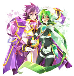 Rule 34 | 2boys, cape, dual persona, fingerless gloves, gloves, green eyes, green hair, green pants, jacket, long hair, long sleeves, looking at viewer, male focus, multiple boys, open mouth, pants, purple cape, purple eyes, purple hair, red scarf, rento (rukeai), saikyou ginga ultimate zero ~battle spirits~, scarf, smile, spiked hair, star (symbol), starry background, thigh strap, white gloves, white jacket, white pants, zero the flash, zero the hurricane