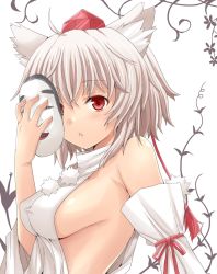 Rule 34 | 1girl, ahoge, amane hasuhito, animal ears, bad id, bad pixiv id, bare shoulders, breasts, detached sleeves, female focus, hat, inubashiri momiji, large breasts, mask, no bra, parted lips, red eyes, short hair, sideboob, silver hair, simple background, solo, tokin hat, touhou, upper body, wolf ears