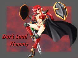 Rule 34 | 1girl, armor, banemumu, bikini armor, breasts, cape, character name, gradient background, grin, impossible clothes, large breasts, long hair, pointy ears, red eyes, red hair, smile, solo, sword, tagme, typo, weapon